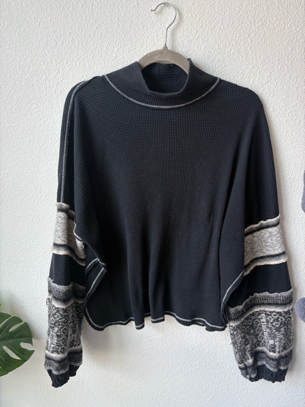 Free People Black Knit Turtleneck Sweater with Gray Patterned Sleeves